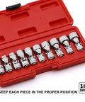 Red case holding 10-piece Three Eighths Inch Drive Universal Joint Socket Set, 6 Point Metric Flex Sockets, Chrome Vanadium Steel Swivel, sizes 10mm-19mm