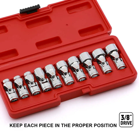 Red case holding 10-piece Three Eighths Inch Drive Universal Joint Socket Set, 6 Point Metric Flex Sockets, Chrome Vanadium Steel Swivel, sizes 10mm-19mm