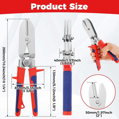 Image showing the size and features of the Five Blade Hand Crimper Pro Grade Heavy Duty Rust Resistant Gutter Crimping Tool with ergonomic handle.