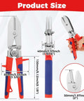 Product size details of 5-Blade Hand Crimper for Gutter and Sheet Metal Crimping, displayed with dimensions and ergonomic handle.