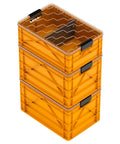 Holy Grail Stackable Storage Bins With Lids And Dividers For Closet And Garage Organization Heavy Duty Plastic Crates in orange color, stacked.