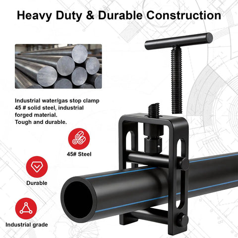 Emergency Water Shut Off Tool for 0.2 to 1.5 Inch Pipes - Manual Clamp, showing durable construction and steel material