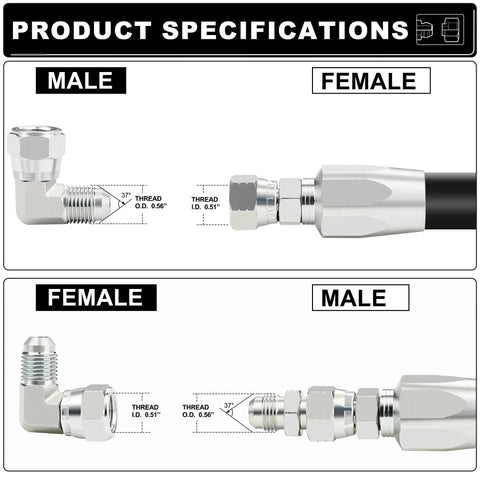 Three Eighth Inch Hydraulic Fittings Swivel Elbow Set At Ninety Degree Go To JIC To JIC Tight Space Routing Pro Grade Durable Build Five Pack For Hydraulics And Equipment male female 90-degree fittings