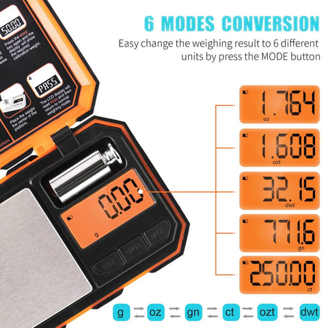 Digital Pocket Scale 0.05g To 500g Precision Scale with LCD display showing multiple unit modes and 50g calibration weight.