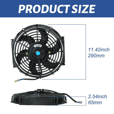 Knockout 10 Inch 12 Volt Universal Slim Pull Push Electric Radiator Cooling Fan With Mounting Kit Black dimensions 11.42 inch and 2.54 inch