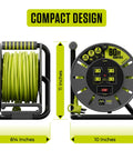 80 Foot Retractable Cord Reel With Winding Handle 4 Grounded Outlets 13 Amp 14 AWG Cable Safety Overload Breaker And Power Switch LED Indicator Portable Extension Lead For Home Garage And Job Site On The Go, lime green design, front and side view.