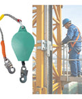 Built Tough Self Retracting Lifeline With Flame Retardant Cord And Rock Solid Anti Ratcheting Brake shown with a worker on scaffolding.
