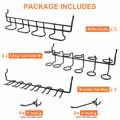 Sixteen Piece Pegboard Hook Set That Fits One Eighth And One Quarter Inch Boards With A Two Prong Grab Design and metal styles