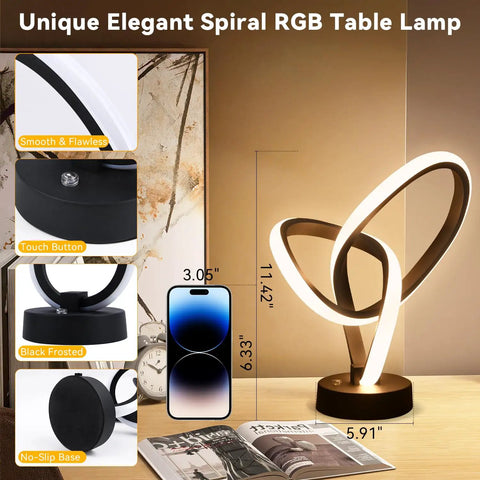 RGB LED Modern Table Lamp With 7 Colors, 10 Light Modes, and 3 Way Dimmable Touch Desk Lamp for Nightstand, shown next to phone.