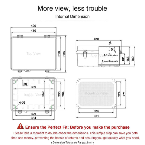 Technical diagram of Waterproof IP67 Outdoor Junction Box with internal dimensions and mounting plate