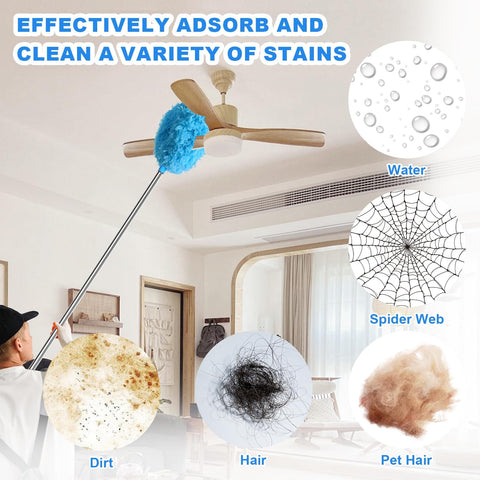 Ceiling Fan Cleaner Duster With Adjustable Extension Pole And Interchangeable Head For Cleaning Fan Blades, Cobwebs, Walls And High Ceilings In Hard To Reach Corners, Blue cleaning ceiling fan.