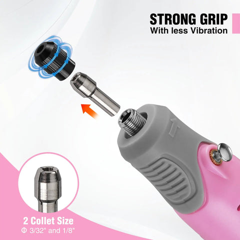 Close-up of Cordless Rotary Tool Kit With 71-Piece Accessory Set, USB Rechargeable, showing collet size options.