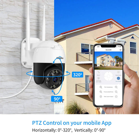 5x Optical Zoom Outdoor Security Cam With 2K Resolution Pan Tilt Zoom Floodlights Full Color Night Vision Two Way Audio IP66 Weatherproof Motion Detection Wireless WiFi Surveillance System shown mounted on wall with smartphone app control.