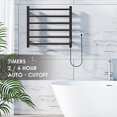 Towel Warmer Wall Mount Black 6 Bar Stainless Steel Heated Drying Rack for Bathroom, mounted above a bathtub with timer details