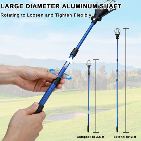 Telescoping Golf Ball Retriever with 12 to 15 foot reach, stainless locking head, aluminum shaft, white background, close-up.