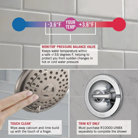 Image showing Dryden 14 Series Tub And Shower Trim Kit with monitor pressure balance valve, touch clean shower head, and trim kit details.