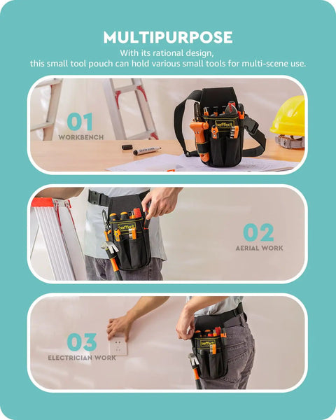 Pocket Tool Pouch With Six Pouches And Nine Screwdriver Loops Heavy Duty Electrician Tool Bag with belt for easy access.