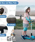 Kid Friendly Knee And Elbow Pad Set With Pro Grade Bike Gloves For Ages 2-11 All Day Fun Flexible Impact Resistant Protective Gear Small Dinosaur Design shown with a child on a scooter.