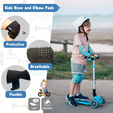 Kid Friendly Knee And Elbow Pad Set With Pro Grade Bike Gloves For Ages 2-11 All Day Fun Flexible Impact Resistant Protective Gear Small Dinosaur Design shown with a child on a scooter.