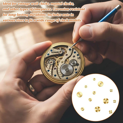 Person using tool on clock mechanism with Brass Clock Hand Nut Set 12 Pcs Assortment For Quick Clock Fixes on display