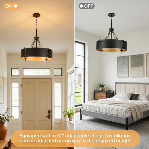 Modern Drum Chandelier With Four Lights In Black And Gold for dining room and bedroom installation, showing adjustable chain.