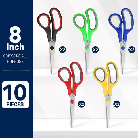 10 Pack 8 Inch All Purpose Heavy Duty Scissors For Office And Home Use Ideal For Paper Cardstock Fabric Foam Plastic Crafting And More Durable For Sewing Scrapbooking Card Making Quilting And General Household Tasks. 10-piece set of 8-inch all-purpose scissors with stainless steel blades and soft-grip handles