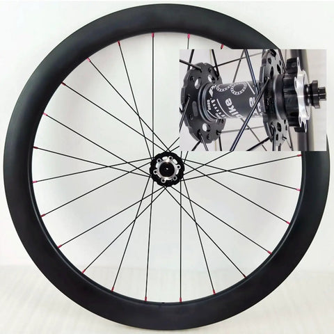 Carbon Fiber 700C Wheelset With 38mm Or 50mm Rim, Road Bike Disc Brake Compatible, featuring aluminum hub and detailed hub close-up