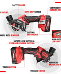 Heavy Duty 20V Compact Circular Saw With 3 Inch Brushless Motor And Dual 4Ah Batteries showing soft grip handle and safety features.