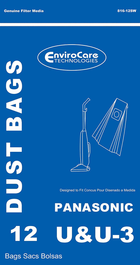 Replacement Vacuum Cleaner Dust Bags For Panasonic Type U And U3 Uprights 12 Pack Fits MC And MCV Series Vacuums packaging