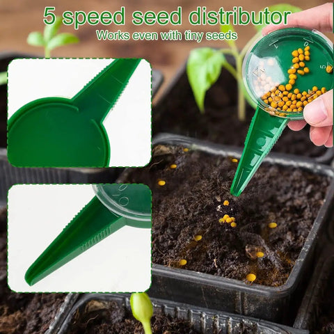 Detailed view of a green 5-speed seed distributor in use on soil for precise planting, part of Six Piece Mini Seed Dispenser Set Handheld Seed Planter Tools For Precise Planting In Gardens And Lawns Includes Dibber And Widger For Easy Seed Spreading And Reusable Seedlings For Garden And Lawn Care.