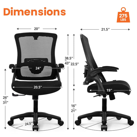 Ergonomic Mesh Office And Gaming Chair With High Back Rolling Casters All Day Comfort Adjustable Lumbar Support Waterfall Seat Flip Up Armrests Height Adjustable Ideal For Home Office And Gaming Black dimensions front and side view