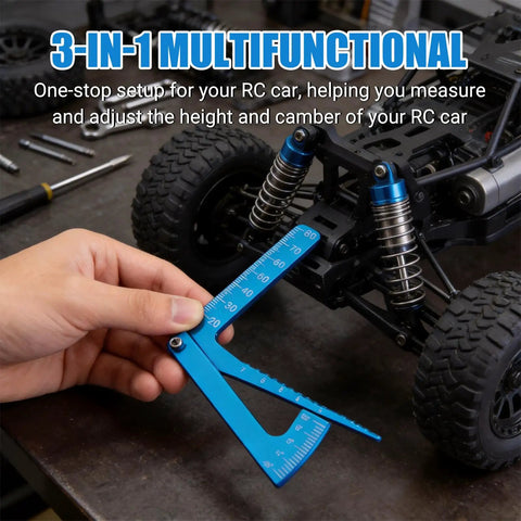 Heavy Duty Aluminum Alloy RC Camber Gauge Straight Edge Ruler Tool For Hella Precise Suspension Geometry and Swift Trackside Stance Tweaks On Buggy Trucks being used on a car.