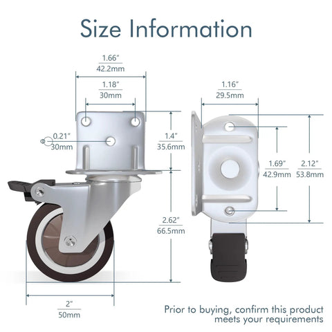 2 Inch Side Mount Caster Set, 4 Pack With 2 Swivel And 2 Brakes, L Shape Plate For Furniture, shown with size details