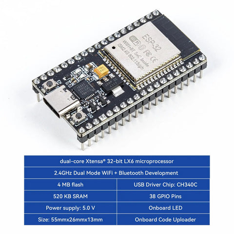 ESP32 microprocessor board with specs, part of the ESP32 Ultimate Starter Kit With Arduino Compatibility ESP32CAM RoHS Python C Scratch