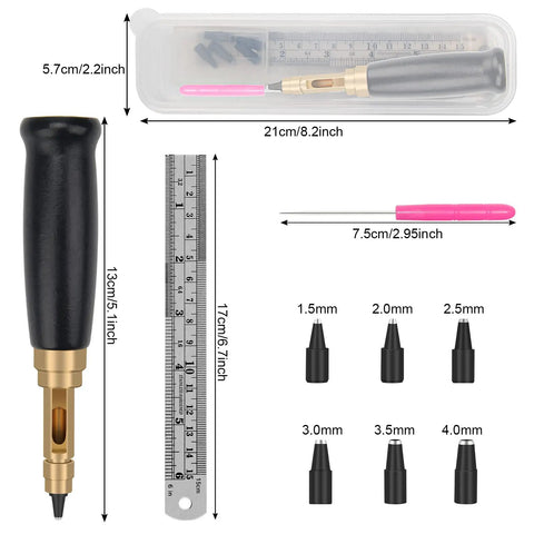 Dope Leather Hole Punch Kit With Six Size Tips 1.5Mm 2Mm 2.5Mm 3Mm 3.5Mm And 4Mm For Belts, Watch Bands, And Handbags, Wood Handle Adjustable Punch Tool, Easy To Use.