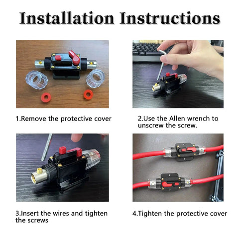 Installation instructions for 30 Amp Inline DC Breaker With Manual Reset And Auto Trip For Car Audio Marine Boat Trolling Motor RV Truck Solar Systems Heavy Duty No Fuss Reusable Circuit Breaker With Kill Switch And Overload Protection.