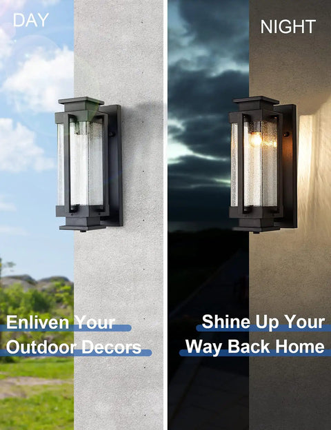 Dusk To Dawn Outdoor Wall Lanterns Large Exterior Porch Lights With Seeded Glass IP65 Waterproof Sconces Black Matte Finish
