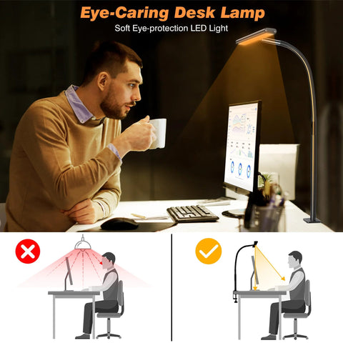 Airlonv LED desk lamp, black with clamp base and flexible gooseneck, 10W USB-powered for reading and study