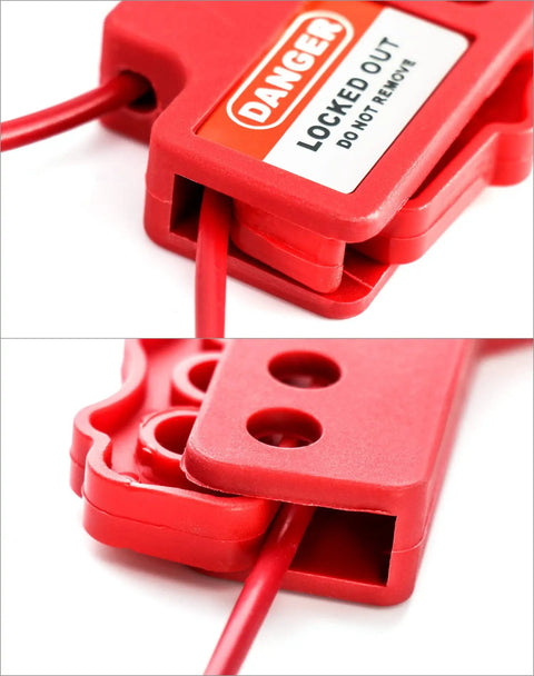 Close-up of red lockout unit from Versatile Cable Lockout Bundle Set Of Four With 7.9 Foot Nylon Sheathed Metal Cables 1/8 Inch Diameter Six Hole ABS Lockout Kit For Industrial Safety And Built Tough Multi Device Lockouts, showing six hole detail and attached nylon cable.
