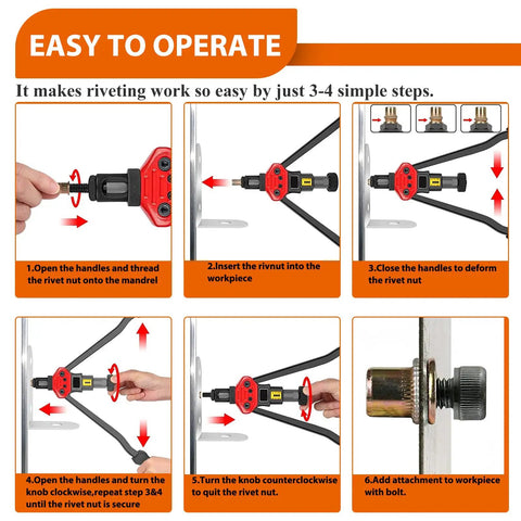 Top Notch 16 Inch Rivet Nut Tool Kit With 1310pcs Assorted Nutserts And 11 Mandrels In M And SAE Sizes Including Carrying Case For Heavy Duty Auto Repair And DIY Projects, shown in 6-step use guide