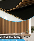 Roll Flexible Acoustic Wood Slat Wall Panels Teak Finish Sound Absorbing Polyester Felt Backing close-up of bendable edges and texture.