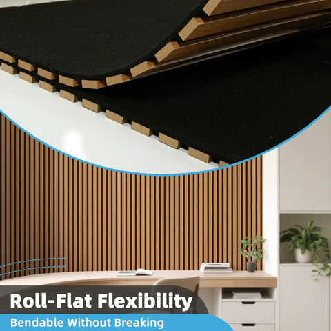 Roll Flexible Acoustic Wood Slat Wall Panels Teak Finish Sound Absorbing Polyester Felt Backing close-up of bendable edges and texture.