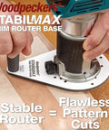 Knockout Performance Phenolic Trim Router Base for Compact Palm Routers with massive grip handle in use.