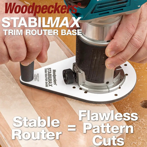 Knockout Performance Phenolic Trim Router Base for Compact Palm Routers with massive grip handle in use.