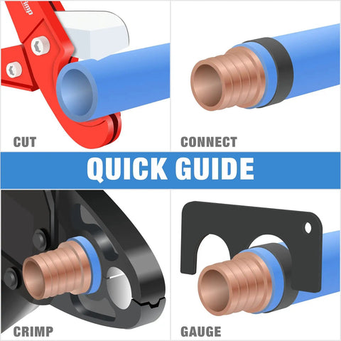 Quick guide for Combo Angle Head PEX Crimp Tool For One Half Inch And Three Quarter Inch Copper Crimp Jaw Sets with Go No Go Gauge