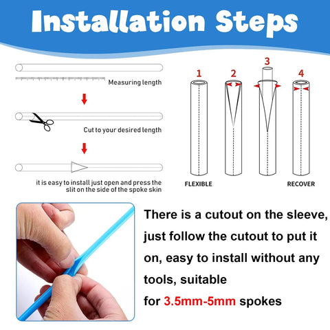 Installation steps for 180 Pcs Spoke Covers Set For Bikes And Dirt Bikes, showing cutting and fitting on spokes.