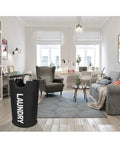 95L Large Collapsible Laundry Basket With Aluminum Handle And Soft Grip in a living room setting.