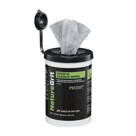 NatureGrit Hand & Surface Wipes canister, 72-count, black container with green label
