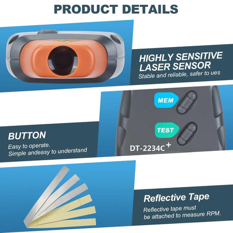 Non Contact Digital Laser Tachometer RPM Meter With Wide 2.5 To 99999 RPM Range, High 0.1 RPM Resolution, 50 To 500 mm Measuring Distance, Pro Grade Tool For Motors Lathe Machines Fans Metal And Woodworking Equipment