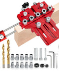Professional Dowel Jig Kit With Secure Position Stop And Heavy Clamp For Rapid Five Hole Drilling showing drill guide and accessories
